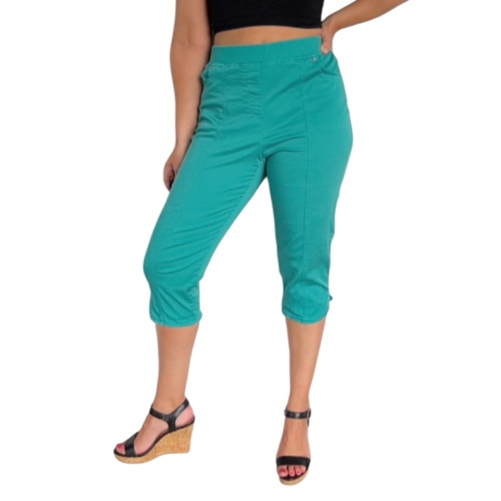 Alfred Dunner Petite teal green high rise cotton stretch crop capri pants 10P